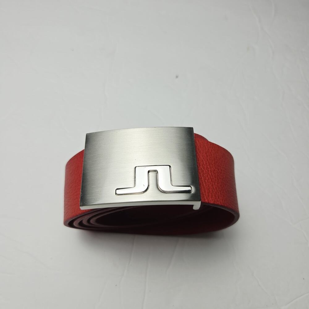 J.Lindeberg Belt Mens 36 Red Leather Plaque Buckle Golf Embossed Logo Italian